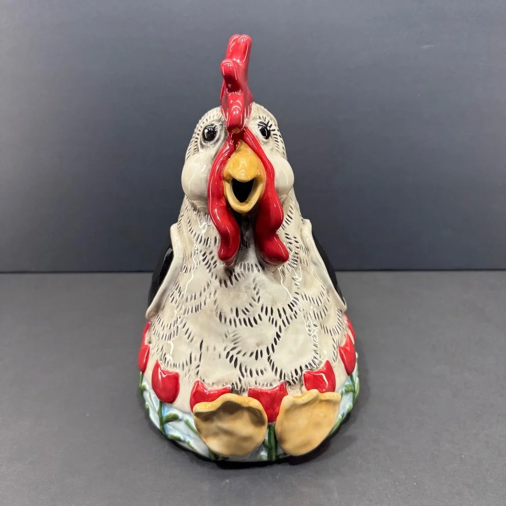 Blue Sky Heather Goldminc Rooster Teapot Ceramic Red Tulip 18363 Farmhouse Decor